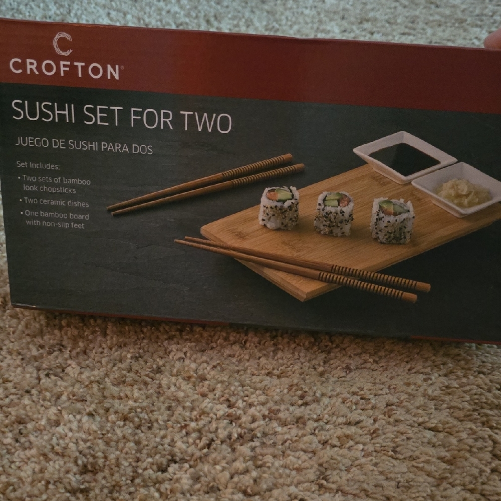 New Crofton Set Of 2 Sushi Set Ceramic Dishes Chopsticks‎ Bamboo Board